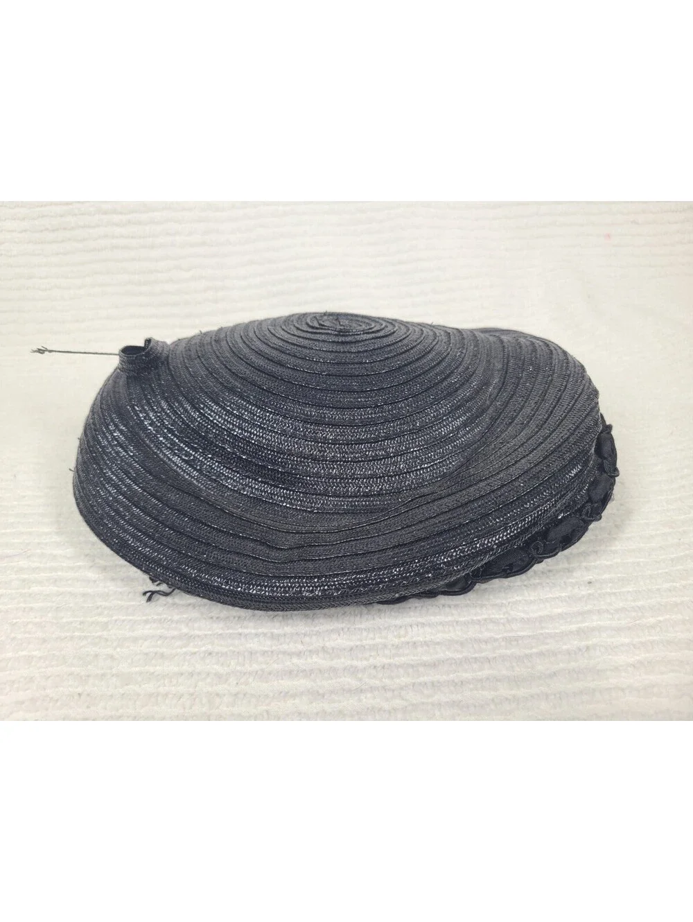 Vintage 1960s Navy Hat Woven Glossy Straw Demure Classic Hepburn Rhinestones